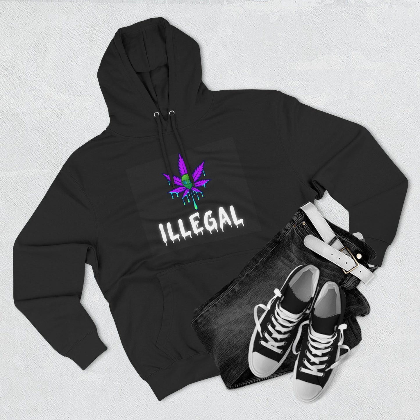 Illegal Cannabis Leaf Hoodie — Retro Neon 3-Panel Graphic Pullover