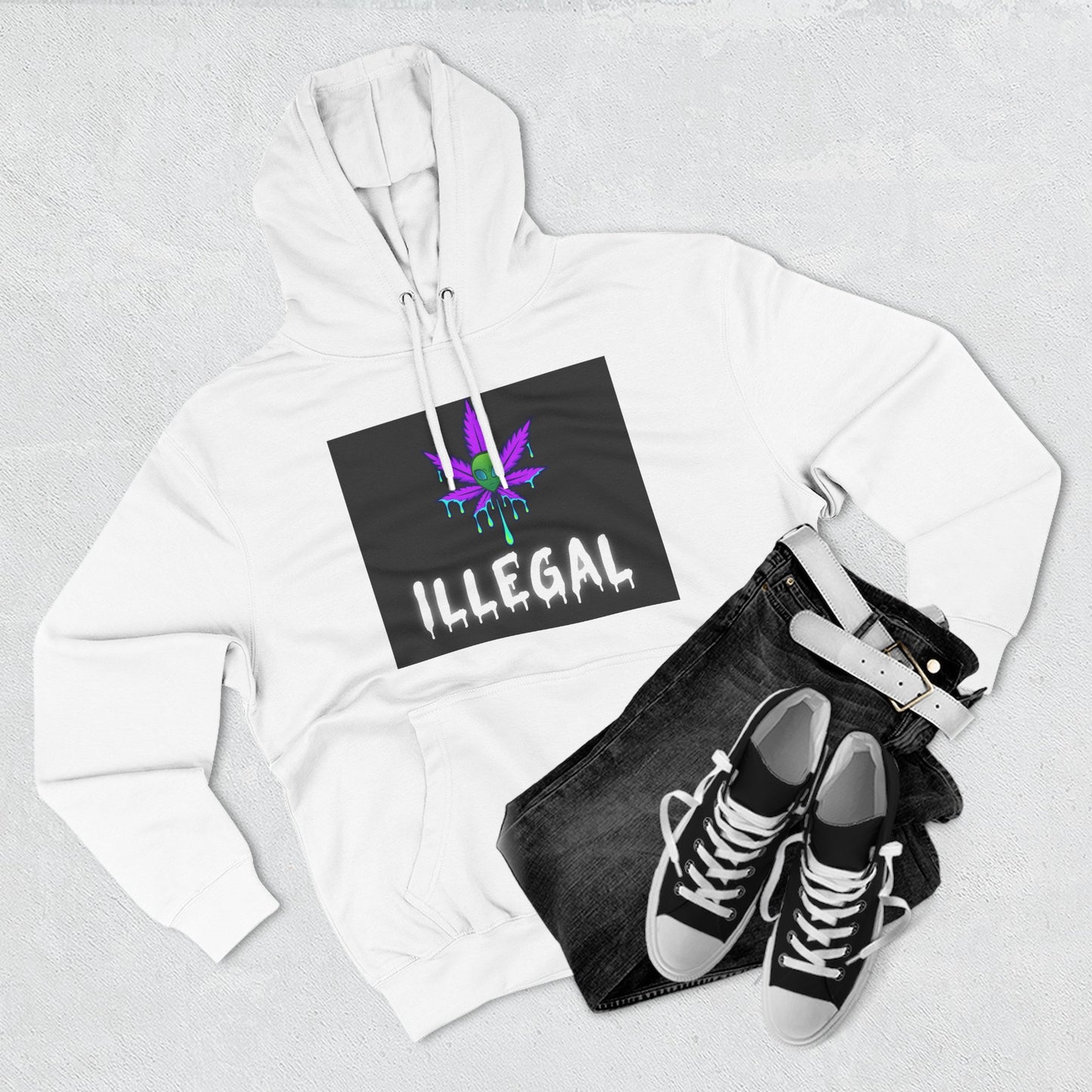 Illegal Cannabis Leaf Hoodie — Retro Neon 3-Panel Graphic Pullover