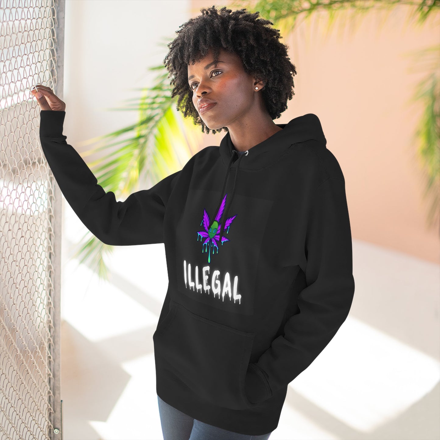 Illegal Cannabis Leaf Hoodie — Retro Neon 3-Panel Graphic Pullover