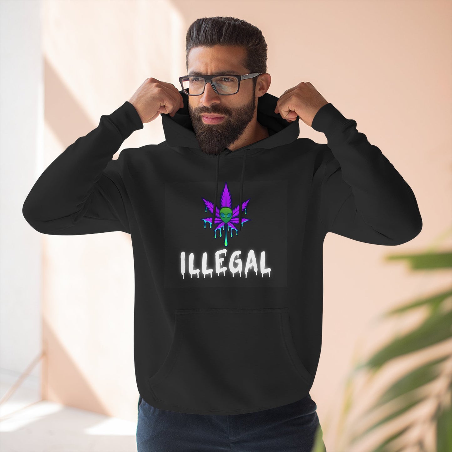 Illegal Cannabis Leaf Hoodie — Retro Neon 3-Panel Graphic Pullover